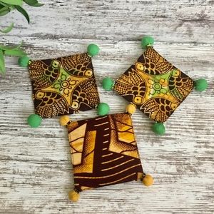 3 Vintage 70’s Boho Brown Yellow Fabric Peacock Print Square Drink Coasters